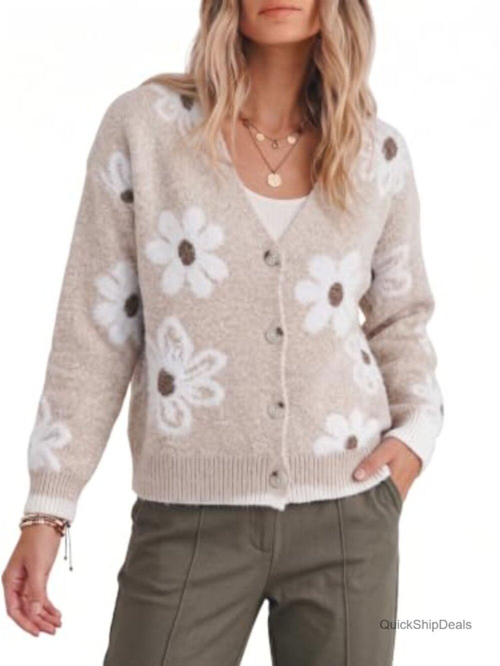 Womens Fuzzy Floral Knit Open Front Cardigan Sweater